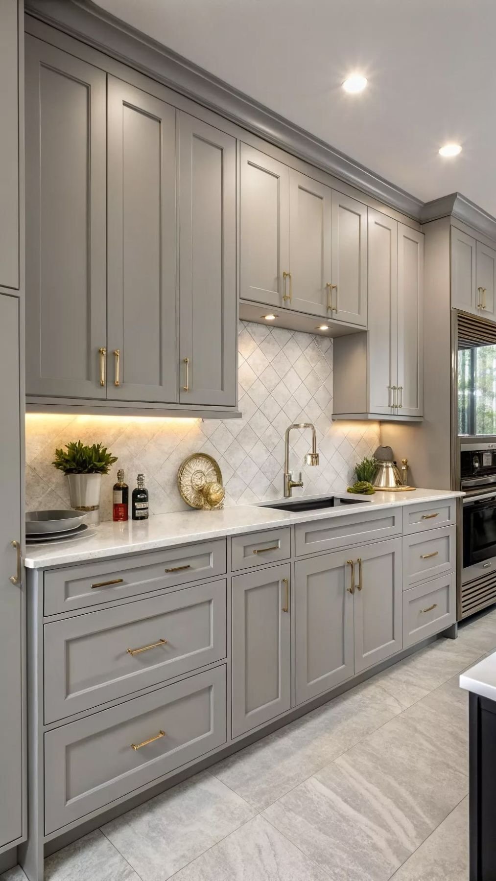 Grey shaker kitchen cabinets refinished with brass pulls