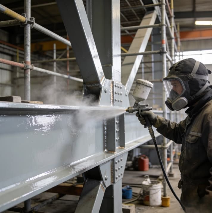 Painter spray-coating a structural steel beam in an industrial facility